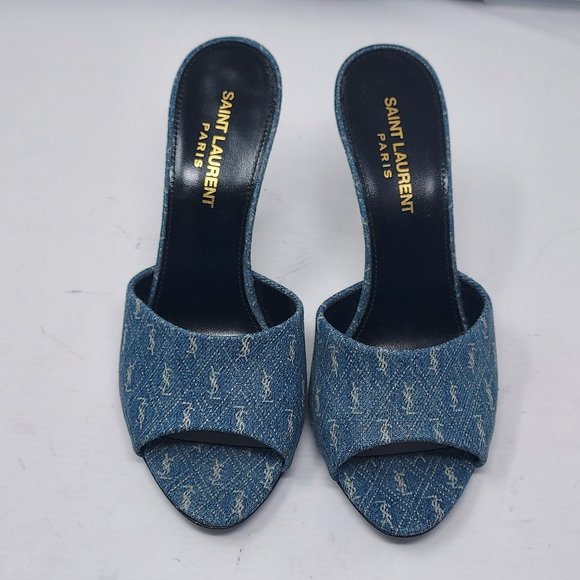 SAINT LAURENT Blue Denim Logo Print La 16 Open Toe Mule Sandal - Picture 7 of 10